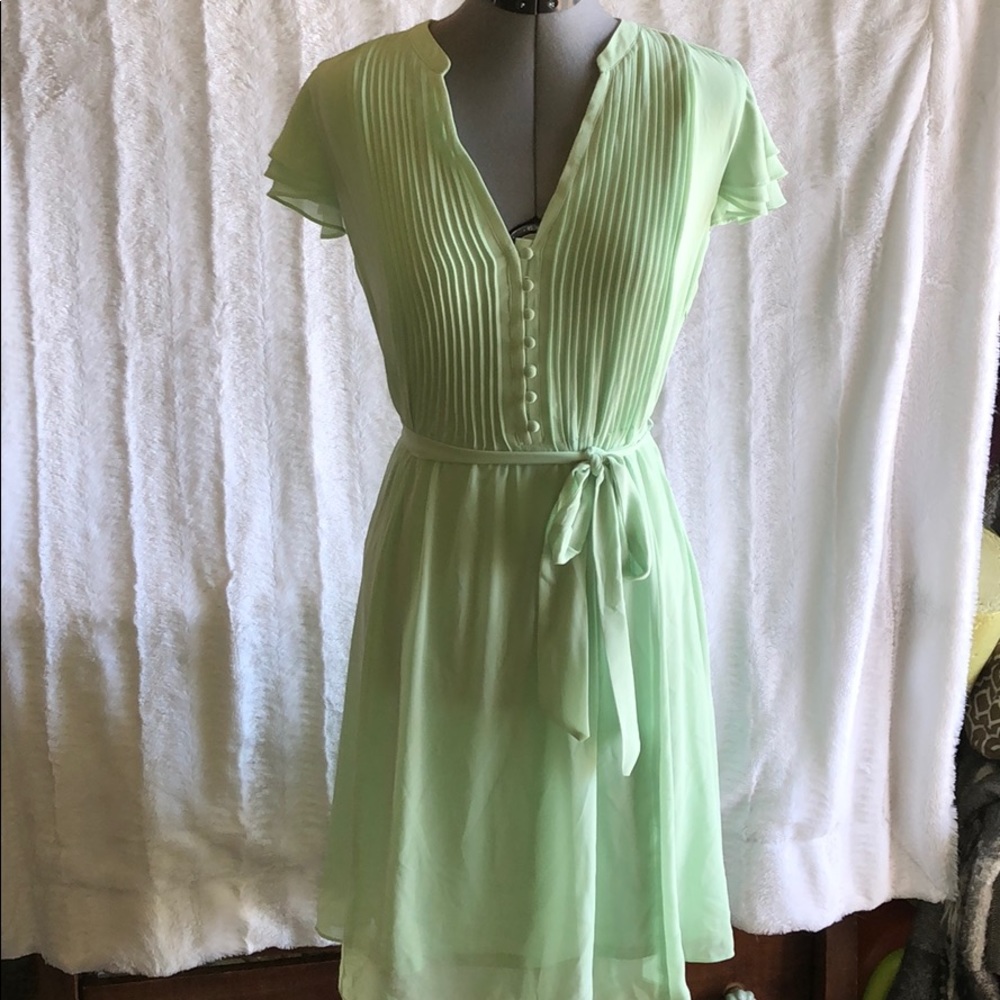 Dress Barn Light Green Pleated Chiffon Belted Dress